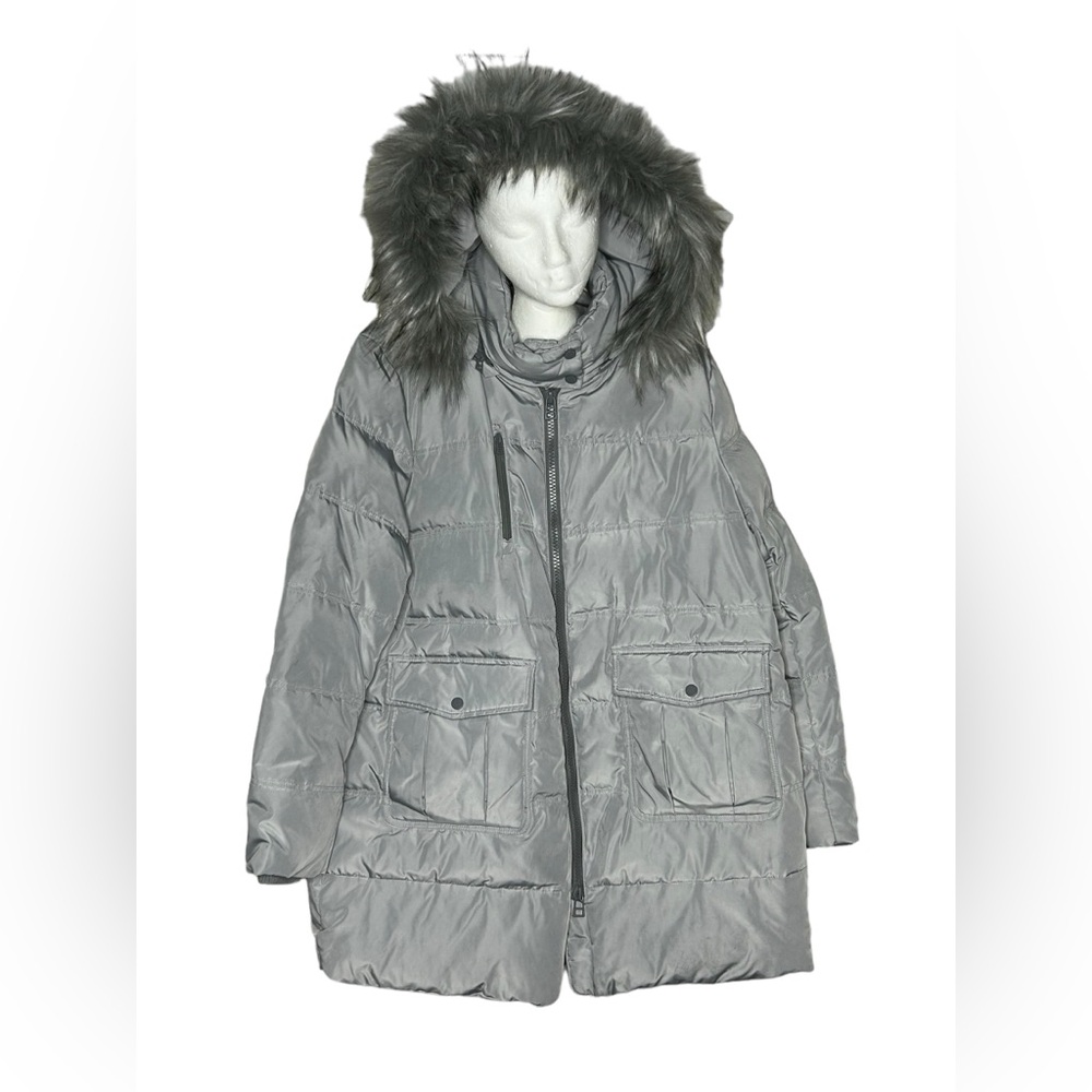 Women's Gray Hooded Puffer Coat with Faux-Fur Trim